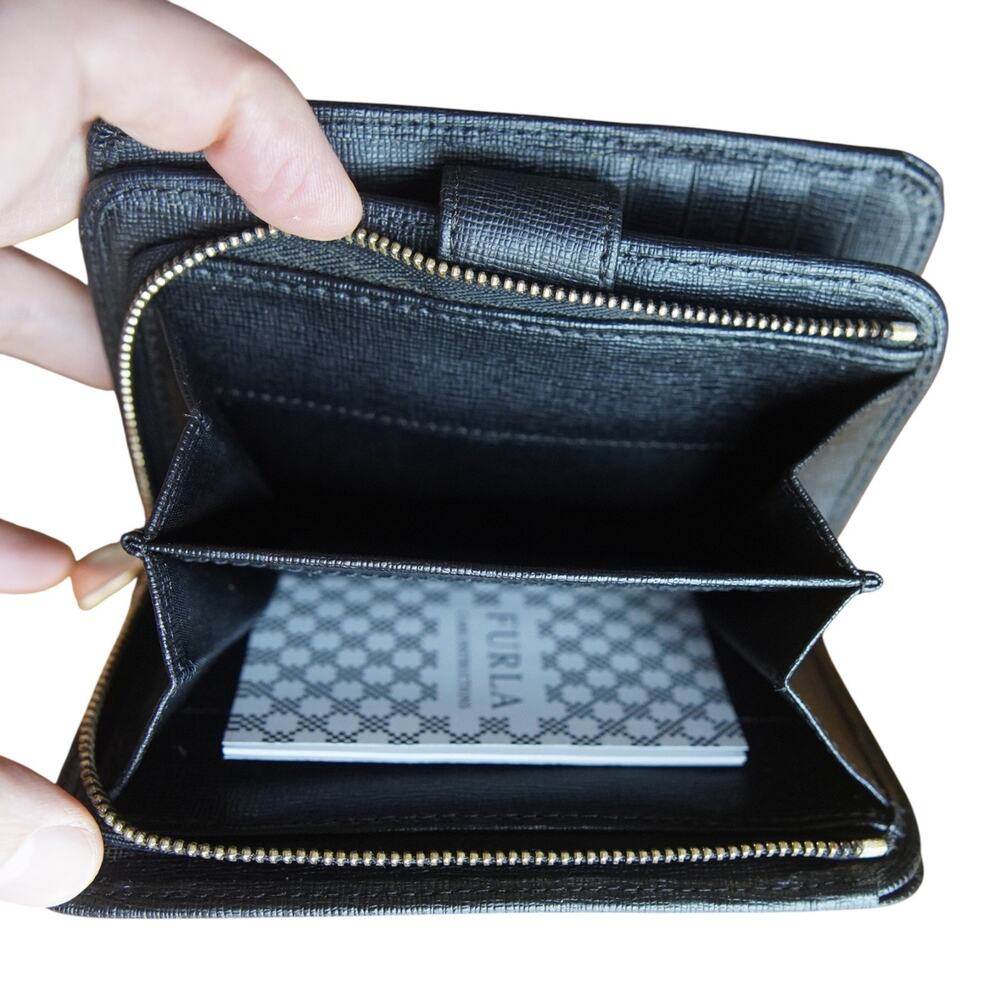 Furla Black Saffiano Leather Bifold Wallet Zip Coin Pocket Italy w Care Card EUC - Picture 7 of 12